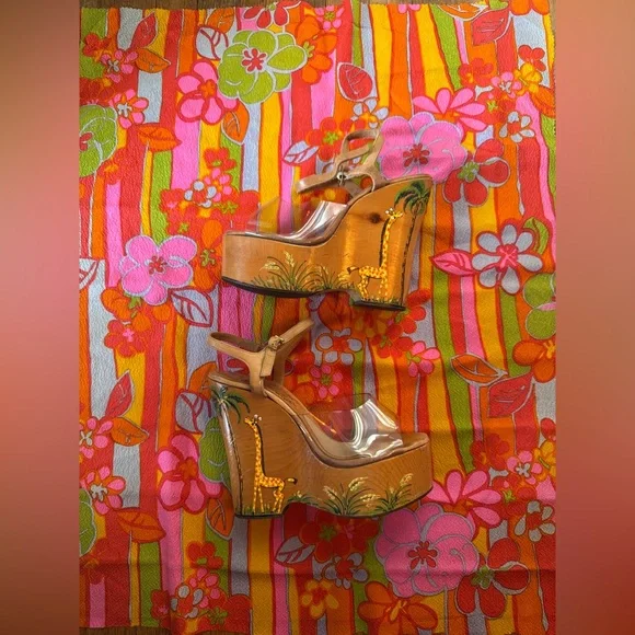 70s Vintage Wooden Wonder Wedge w Clear Vamp and Painted Details Sz 7 - Picture 2 of 13
